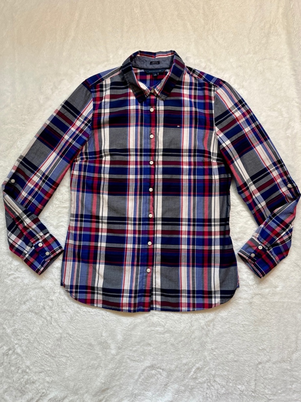Tommy Hilfiger Red & Navy Plaid Shirt *Medium * Classic Fit * Button Preppy Geek